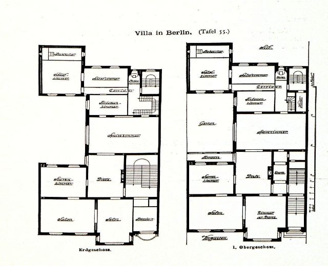 Schwarz-weißes Architekturzeichnung eines Berliner Hauses mit Grundrissplan, beschrifteten Raumgrößen, Fenster- und Türpositionen sowie Raumanzahl.