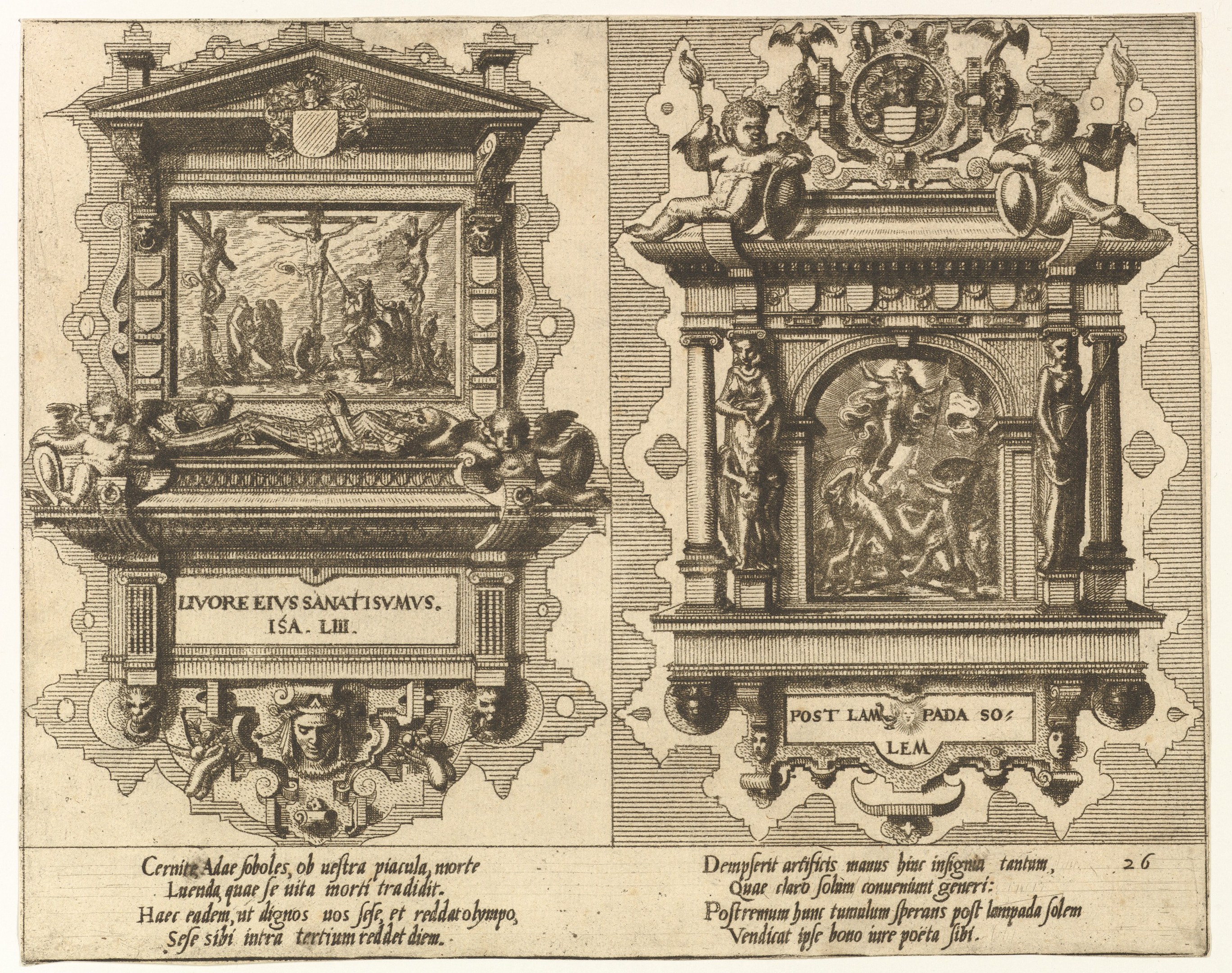 Zwei detailreiche Skulpturen mit verschiedenen Formen und Größen sind auf einer Wand dargestellt, begleitet von fettem Text.