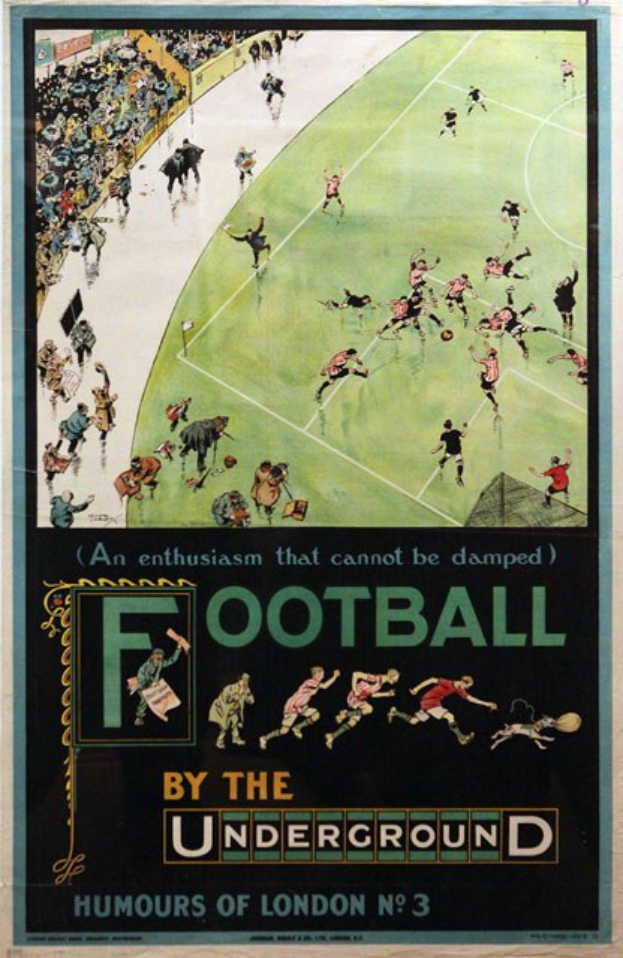Plakat, das Zuschauer bei einem Fußballspiel in einem Stadion zeigt, betitelt mit "Fußball unter der Erde - Humours of London No. 3."