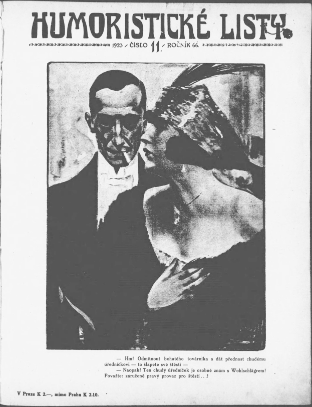 Schwarzes und weißes Magazin-Cover mit der überschrift 'Humoristische Liste', das einen Mann in einem Anzug mit ernster Miene und eine Frau zeigt, die mit einem leichten Grinsen wegsieht.