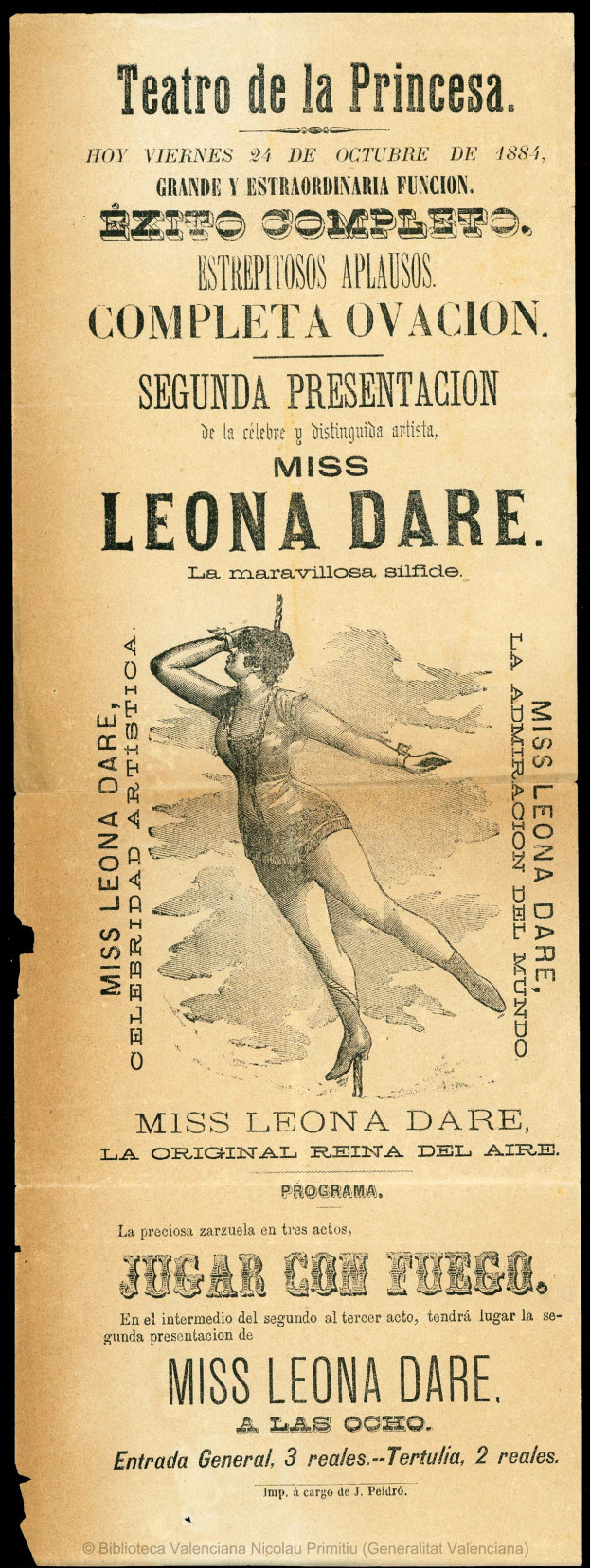 Eine alte Werbung für das Teatro de la Princesa mit einer Frau in einem langen, wallenden Kleid mit hohem Ausschnitt und langen Ärmeln, deren Haar zu einem Dutt gebunden ist und die in einer anmutigen Pose mit ausgestreckten Armen und leicht geneigtem Kopf steht, vor einem tiefblauen Hintergrund mit funkelnden Sternen.