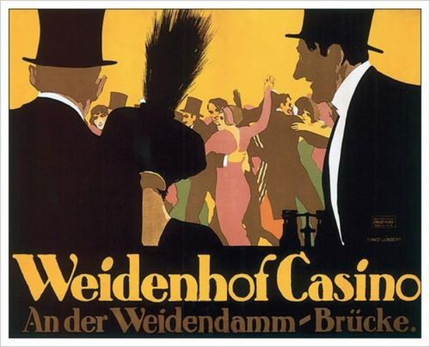 Ein Plakat für das Weidenhof Casino in Brücke, Deutschland, mit schwarzem Rand, das eine Illustration von tanzenden Menschen und den Schriftzug "Weidenhof" in fetter Schrift oben zeigt.