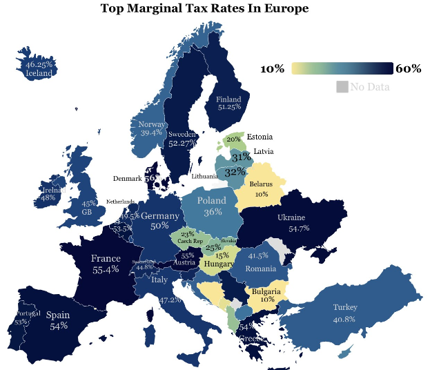 Eine Karte von Europa, die die höchsten Grenzsteuersätze nach Land zeigt, mit der Überschrift "Höchste Grenzsteuersätze in Europa."
