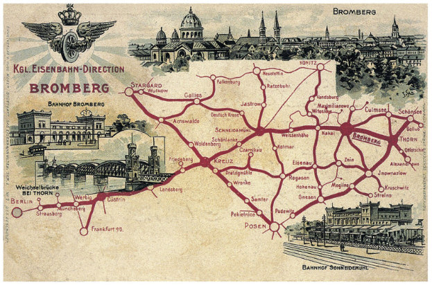 Ein detaillierter Stadtplan von Bromberg, Deutschland, mit Straßen, Sehenswürdigkeiten, Gebäuden, Bäumen und einer Brücke sowie begleitendem Text zur Beschreibung der Geschichte, Kultur und Attraktionen der Stadt.