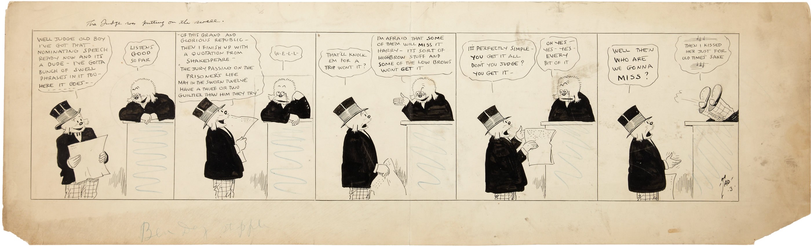 Ein Comic-Strip-Panel, das einen Mann mit Zylinder und eine Frau in einem Kleid zeigt, die in einer Diskussion sind, wobei der Mann ein Blatt Papier hält.