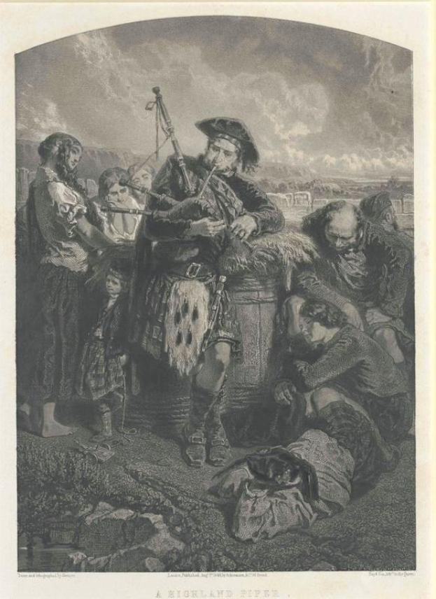 Schwarz-weißes Gravur eines Mannes, der vor einem Publikum eine Dudelsack spielt, unter einem bewölkten Himmel, mit dem Text "Ein Highland-Pfeife" unten.