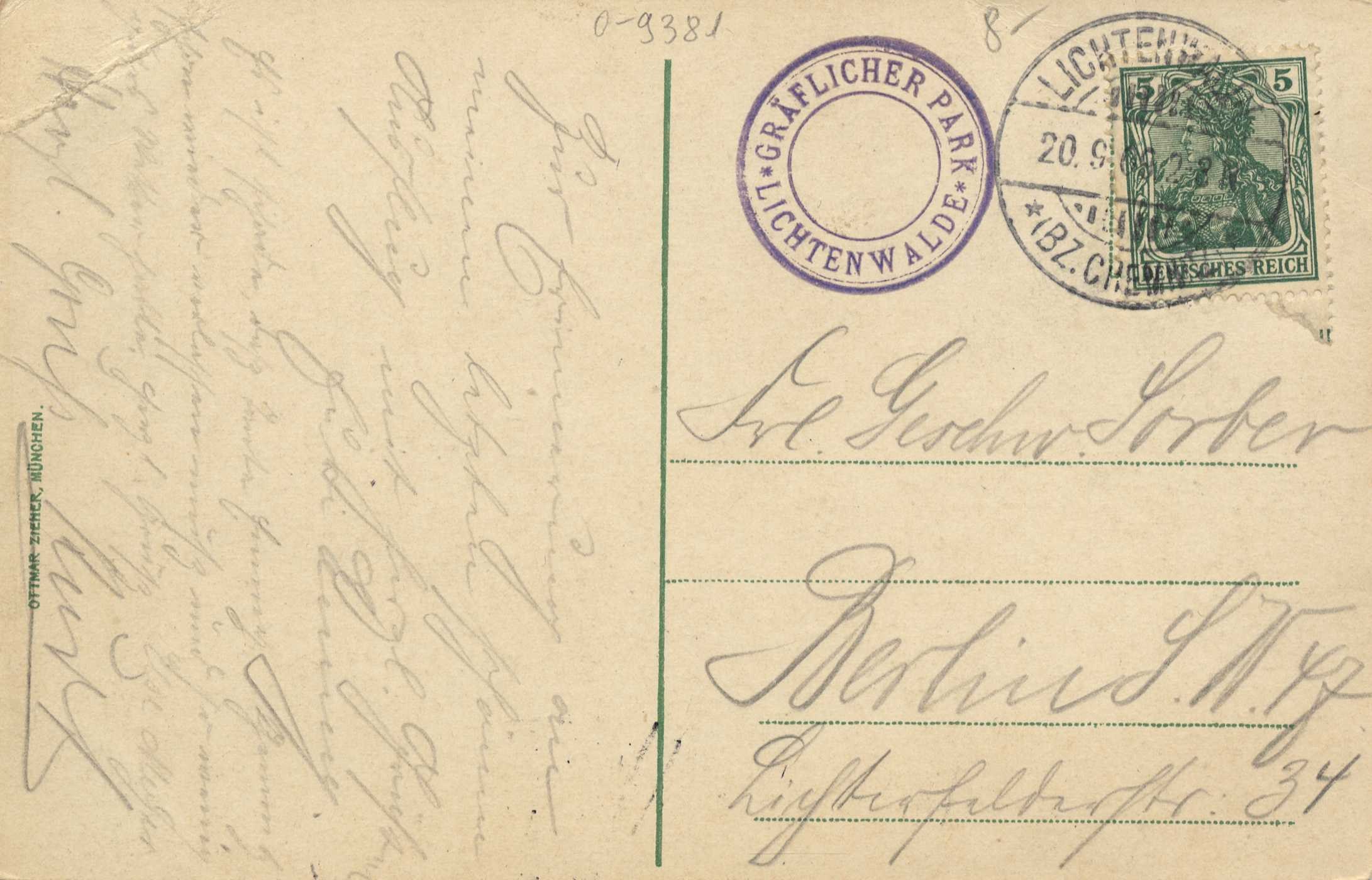 Alte Postkarte mit einer Briefmarke, die "Lichtenwald, Deutschland - Einschreiben nach Deutschland" trägt, mit handgeschriebenem Text und zwei zusätzlichen Briefmarken in der rechten oberen Ecke.