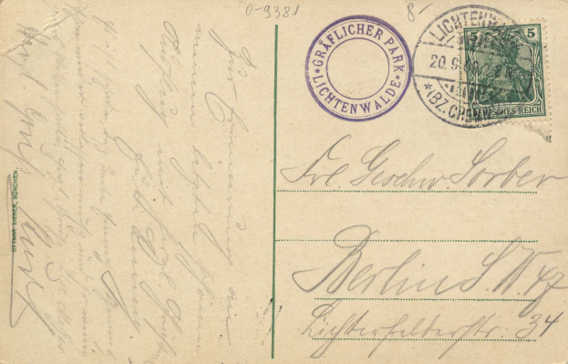 Alte Postkarte mit einer Briefmarke, die "Lichtenwald, Deutschland - Einschreiben nach Deutschland" trägt, mit handgeschriebenem Text und zwei zusätzlichen Briefmarken in der rechten oberen Ecke.