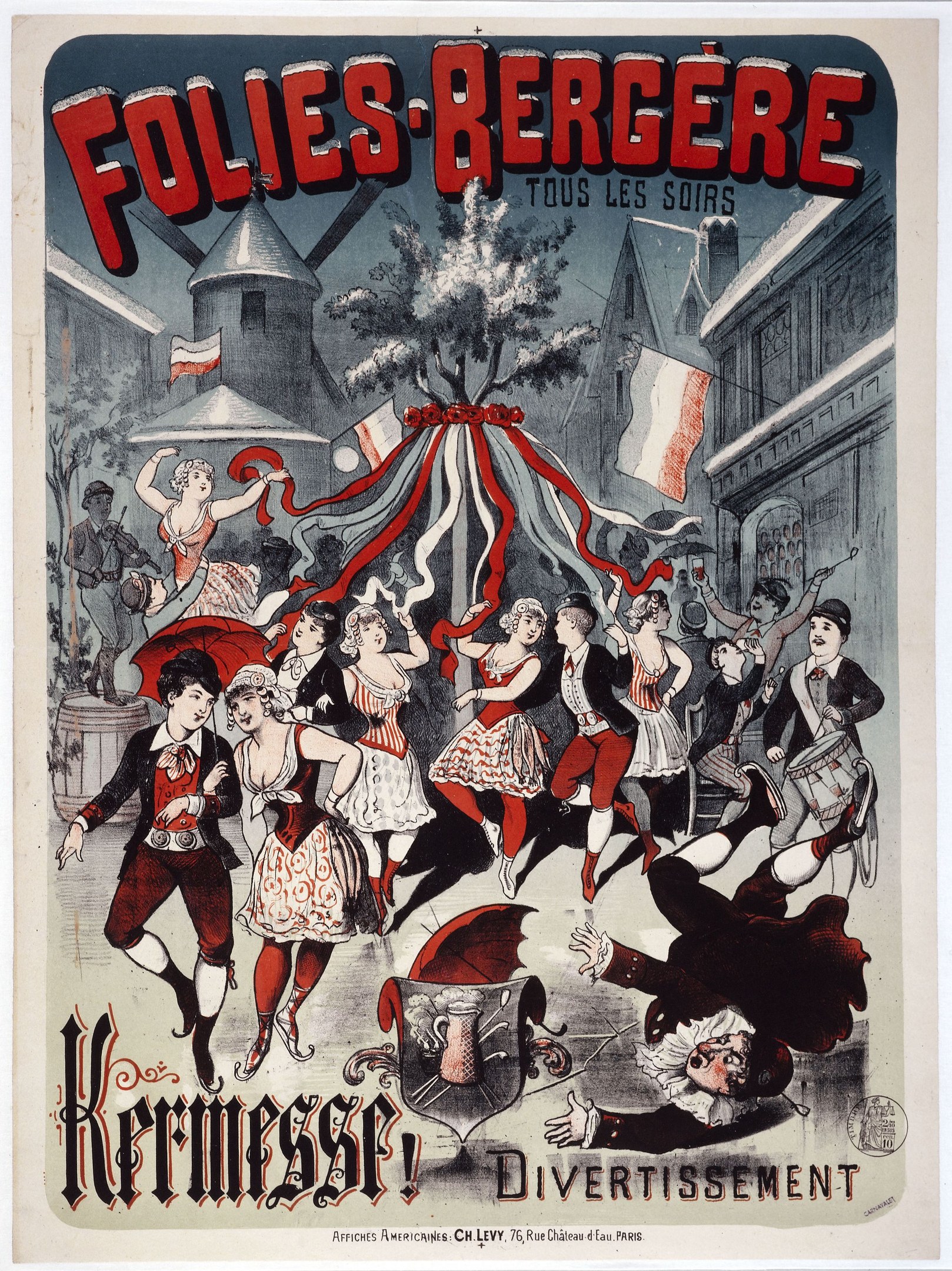Plakat für das Folies-Bergère-Festival in Paris mit Tänzerinnen im Vordergrund und Gebäuden, Flaggen und einem Baum im Hintergrund sowie französischem Text oben und unten.
