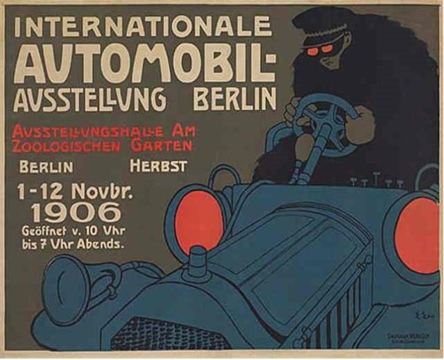 Plakat für eine internationale Automesse in Berlin mit einem Cartoon-Fahrer in einem Auto mit Text.