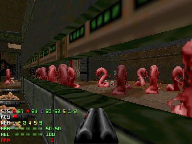 Screenshot von *Doom II*, das einen Raum voller animierter Zombies, eine Waffe unten und Statusinformationen einschließlich Gesundheit und Munition links zeigt.