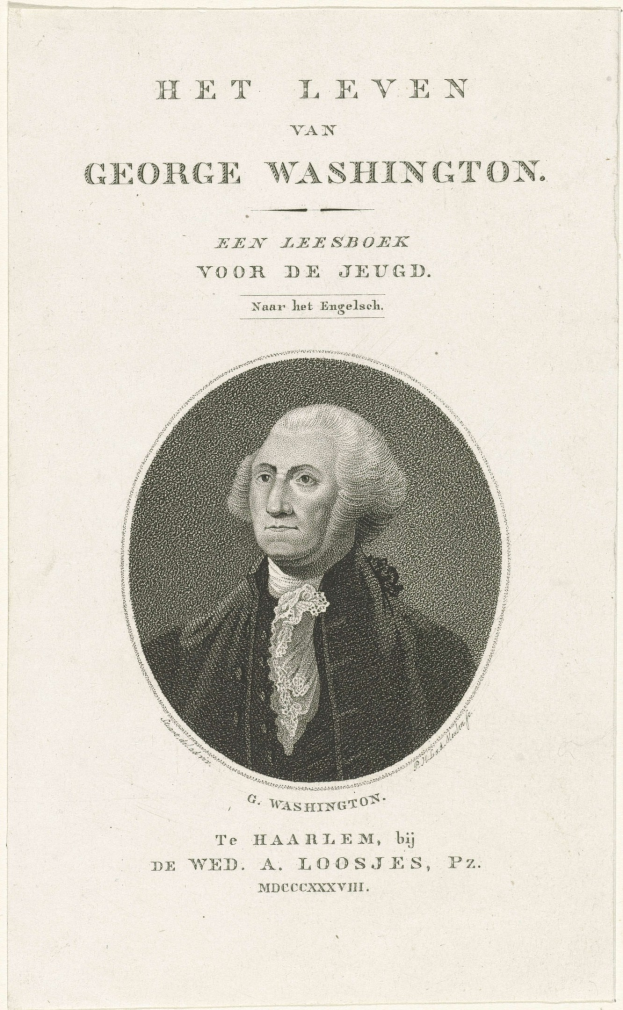 Porträt von George Washington auf Papier mit Text, frontal mit ernstem Gesichtsausdruck, Anzug und Krawatte tragend, zurückgekämmtes Haar.