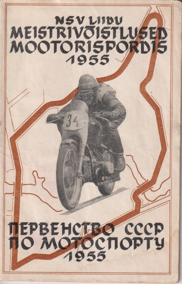 Altes Buchcover mit einem Mann in einem Rennanzug und Helm, der auf einem klassischen Motorrad sitzt, mit der Aufschrift 'MOTORSPORT' in fetter schwarzer Schrift.