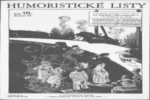 Ein Schwarz-Weiß-Cartoon von einer Gruppe von Menschen, die vor einem Zug stehen und nach oben schauen, mit dem Text "humoristische Listen 18" auf einem Papier.