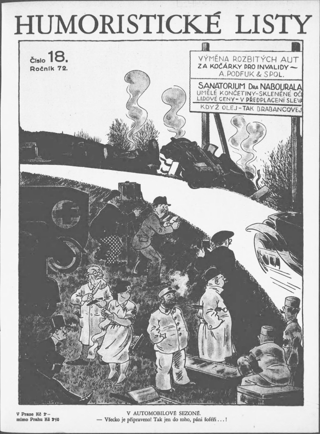 Ein Schwarz-Weiß-Cartoon von einer Gruppe von Menschen, die vor einem Zug stehen und nach oben schauen, mit dem Text "humoristische Listen 18" auf einem Papier.