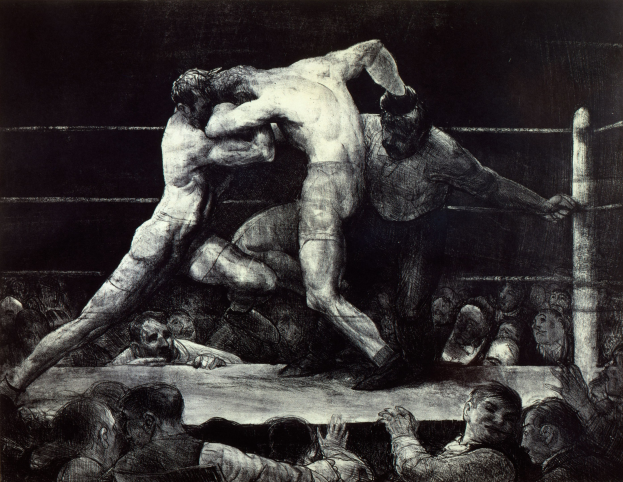 Schwarze und weiße Zeichnung von zwei Boxern, die sich in einem Ring gegenüberstehen und von einer jubelnden Menge umgeben sind.