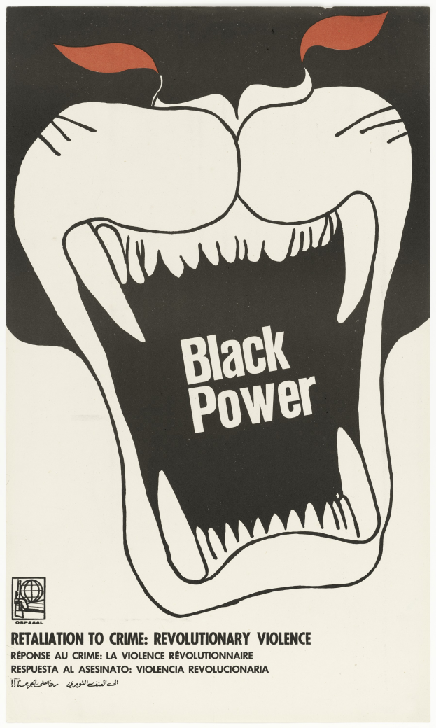 Ein Plakat mit einem schwarzen Power-Symbol, einem schwarzen Kreis mit einem weißen Rand und einem weißen Buchstaben "P" in der Mitte und fetter Schrift, die "Rache für Kriminalität, revolutionäre Gewalt" ruft.
