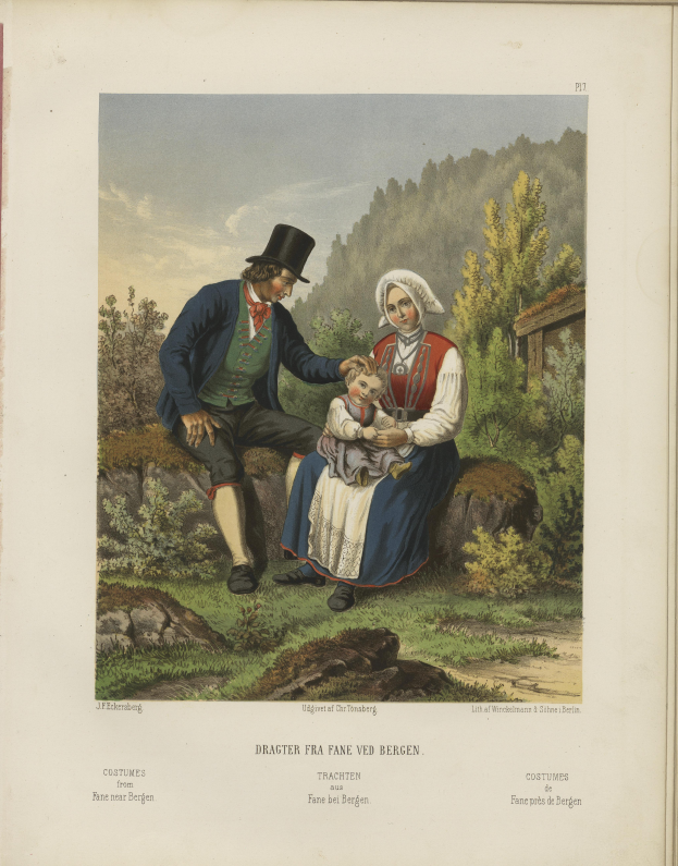 Ein altes Buch mit einer Painting eines Mannes und einer Frau, die auf einem Felsen sitzen, die Frau hält ein Baby, mit Bäumen und Himmel im Hintergrund und Text unten.