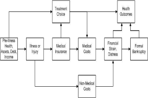 Flussdiagramm, das verschiedene Arten von medizinischen Kosten verknüpft mit Vorerkrankung, Gesundheit und Gesundheitsergebnissen, mit verbundenen und beschrifteten Kästchen und Unterabschnitten.