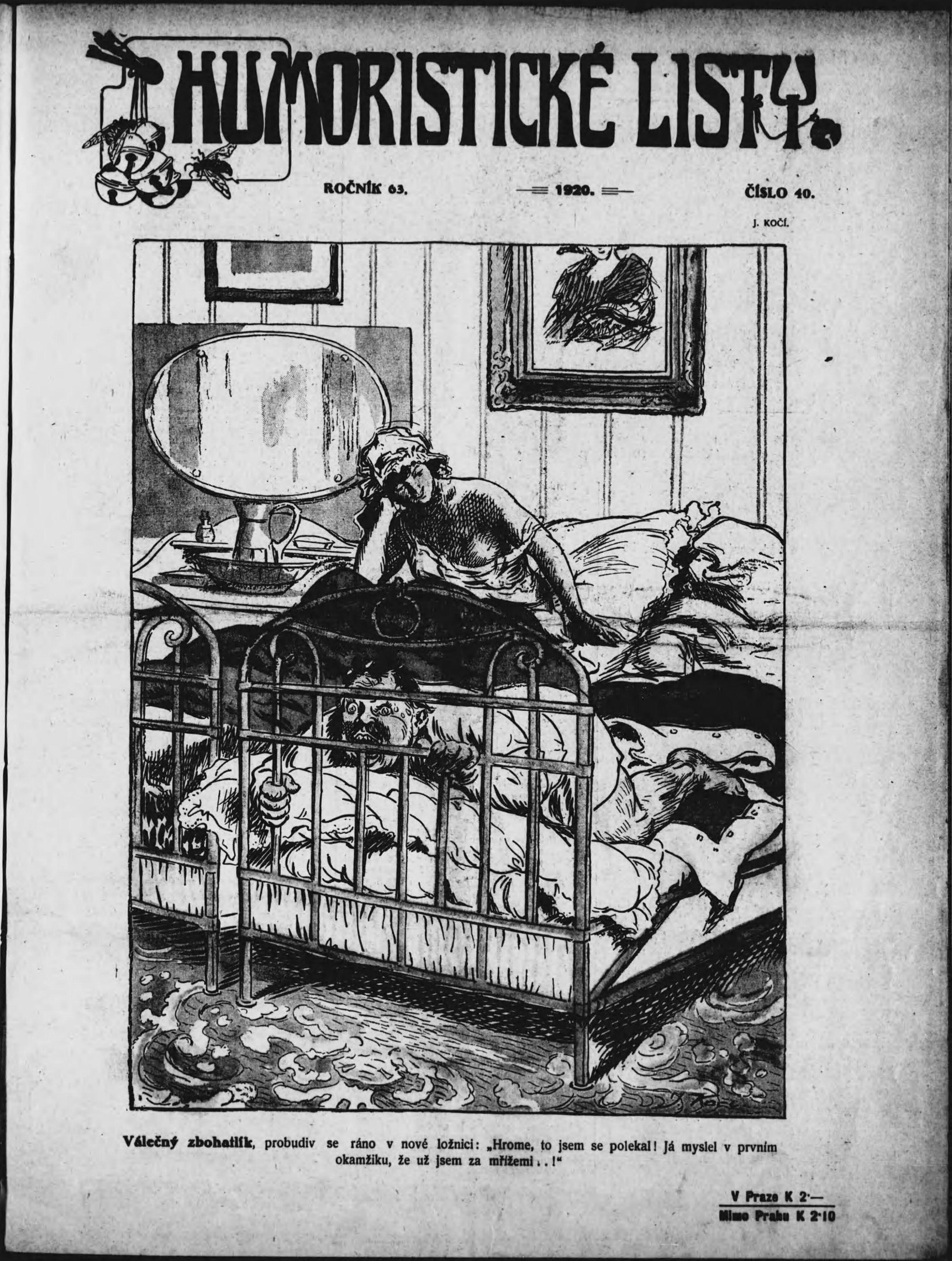 Schwarze und weiße Illustration einer Person, die auf einem Bett liegt, mit einem Spiegel auf dem Nachttisch und einem Rahmen an der Wand, begleitet von tschechischem Text vom 20. April 1920.