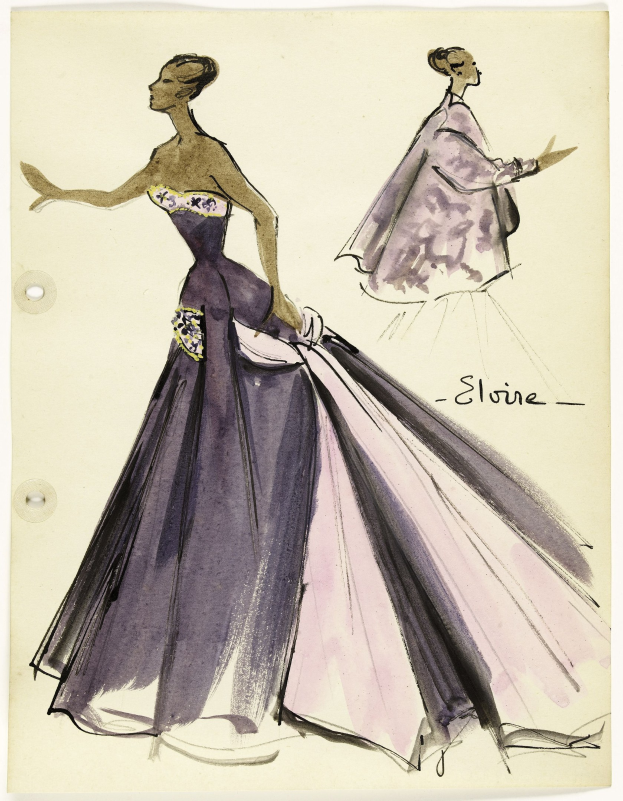 Skizze einer Frau in einem langen lila Kleid mit hohem Kragen, langen Ärmeln und detaillierter Verzierung, entworfen von Elie Saab auf einem Blatt Papier mit handgeschriebener Text.