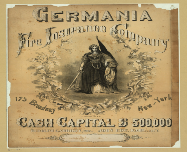 Alte Werbeplakat der Germania-Feuer-Versicherungsgesellschaft mit einer Frau in der Mitte und Text, der die Dienstleistungen beschreibt.