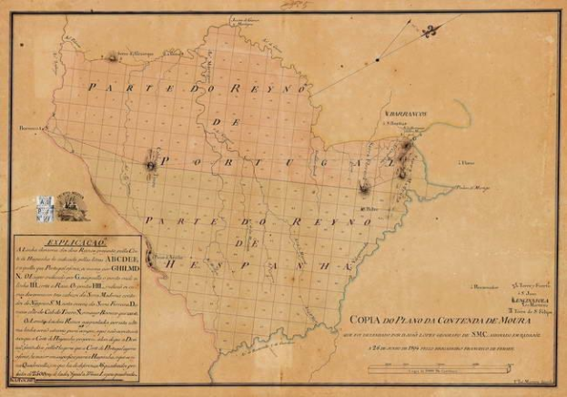Ein alter Brasilien-Plan in einem Fotorahmen, der die Provinzen Brasiliens und Brasilien hervorhebt, mit der Inschrift "Copia do Plano da Contenda de Moura".