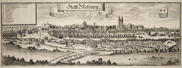 Stuttgarter Stadtansicht mit Brücke, Bäumen, Gebäuden, Booten und bewölktem Himmel, mit deutscher Beschriftung oben.