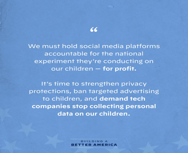 Plakat mit einem Zitat aus Building a Better America, das die Verantwortung der Social-Media-Plattformen für ihren Einfluss auf Kinder betont, dekoriert mit Sternen.