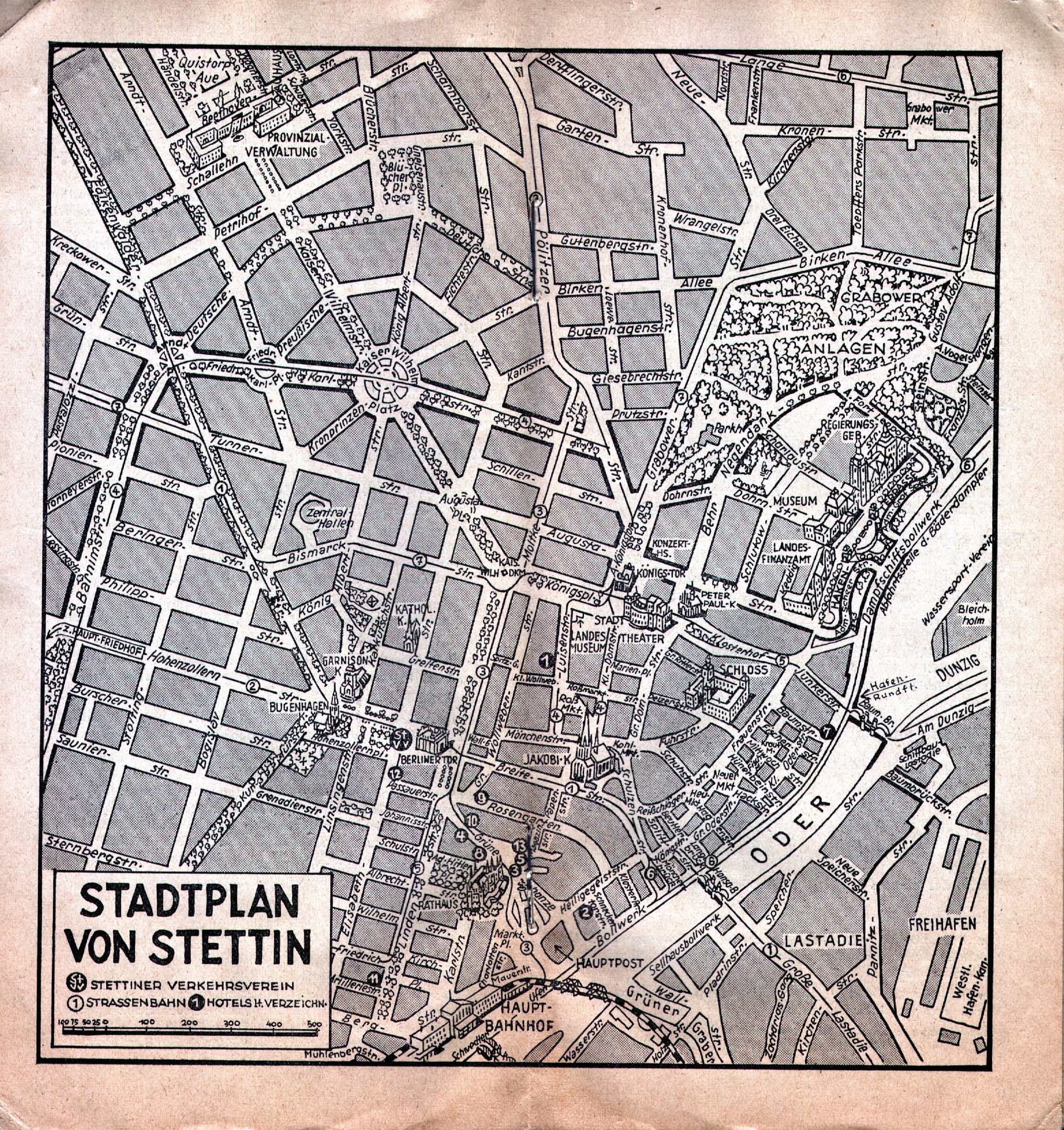 Ein altes, detailliertes Papier-Stadtplan von Stuttgart, der Straßen, Gebäude und Sehenswürdigkeiten zeigt, mit zusätzlichem Text, der Informationen bereitstellt.