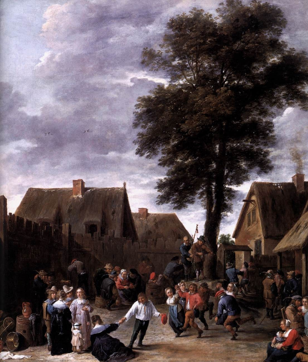 Gemälde mit dem Titel "Der Tanz im Dorf" von Jan Brueghel dem Jüngeren, das eine Dorfplatzszene mit tanzenden Menschen, umgeben von Häusern, Bäumen, einem hölzernen Zaun, einer bewölkten Himmel und fliegenden Vögeln zeigt.