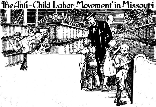 Ein Plakat, das die Anti-Kinderarbeit-Bewegung in Missouri zeigt, mit einer Gruppe von Menschen in traditioneller Kleidung, einige stehend und einige sitzend, mit Ausdr√ľcken von Verzweiflung, Angst und Hoffnungslosigkeit, mit dem Text "Die Anti-Kinderarbeit-Bewegung in Missouri" oben und unten.