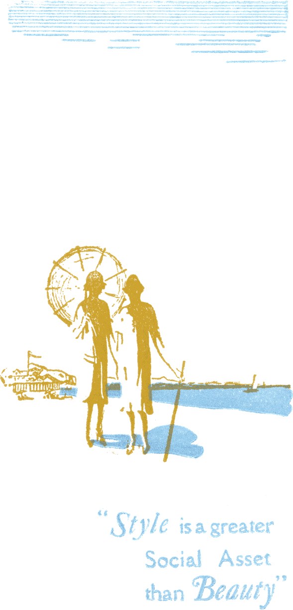 Plakat mit zwei Menschen, die sich umarmen, und dem Text "Style ist ein größeres soziales Kapital als Schönheit" in fetter schwarzer Schrift auf weißem Hintergrund mit einem hellblauen Rand.