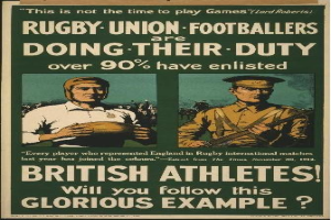 Britische Rugby-Union-Spieler in einem Plakat, das über 90% Einberufung britischer Athleten wirbt, mit begleitendem Text.