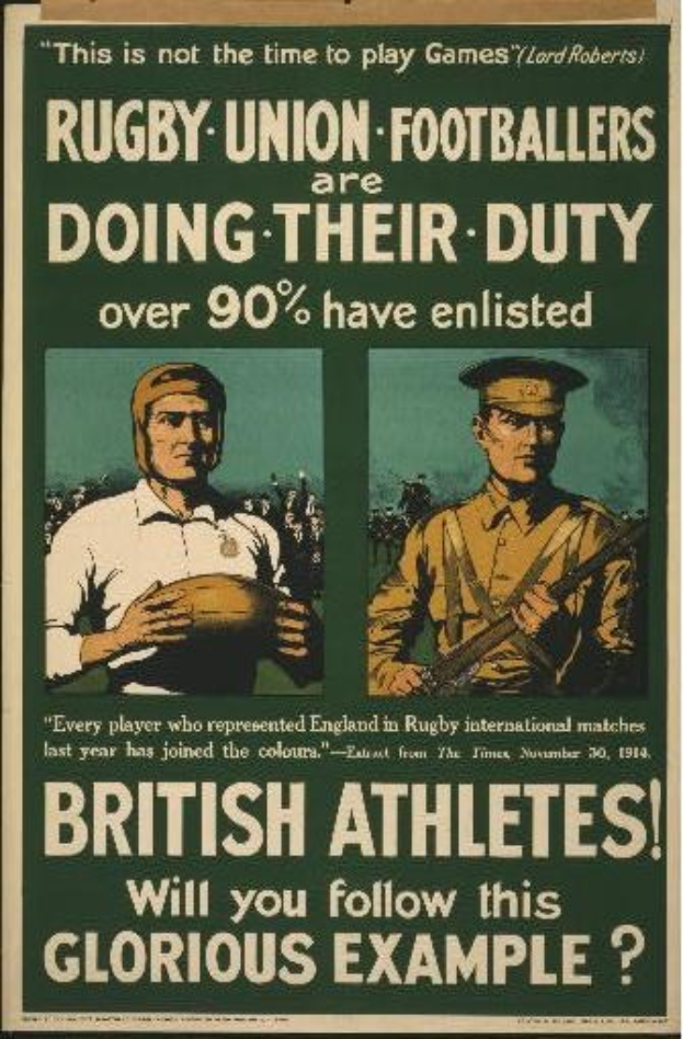 Britische Rugby-Union-Spieler in einem Plakat, das über 90% Einberufung britischer Athleten wirbt, mit begleitendem Text.