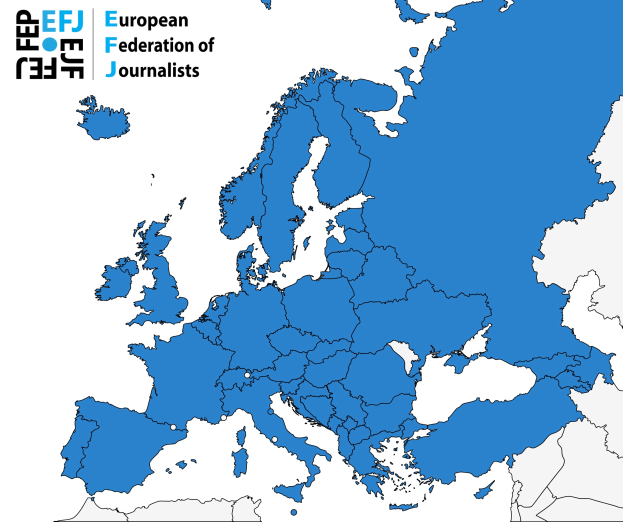 Eine Europakarte, die die Europäische Journalisten-Föderation (EFJ) in Blau hervorhebt, mit zusätzlichen Textdetails.