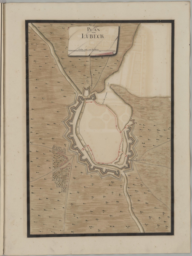 Ein altes Buch mit einer detaillierten Karte von Lübeck, das Straßen, Gebäude und Sehenswürdigkeiten mit historischem und kulturellen Informationen über die Stadt zeigt.