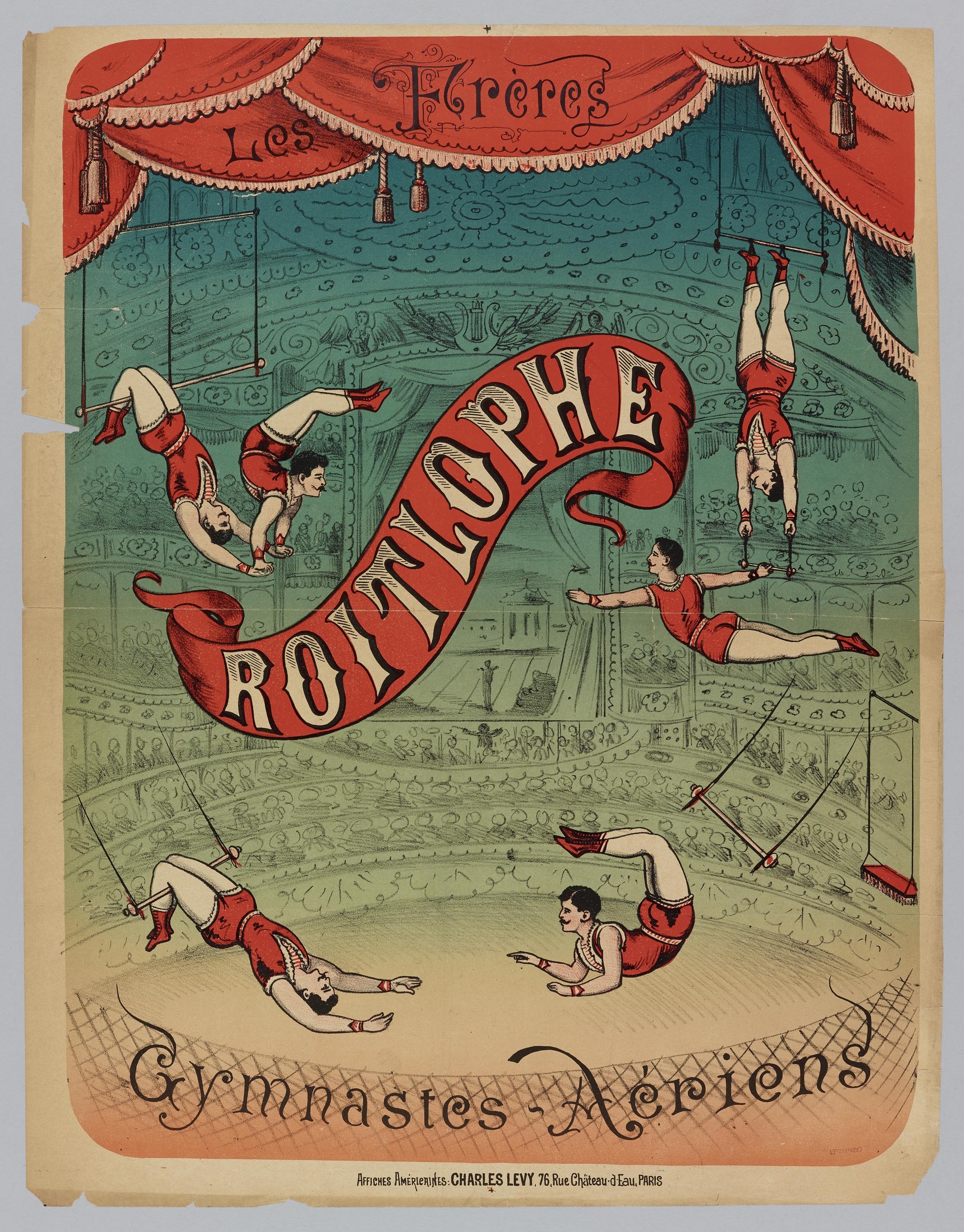 Ein altes Buch mit einem Zirkusplakat auf dem Cover, das Akrobaten bei ihrer Vorstellung zeigt, begleitet von Text, der den Zirkus beschreibt.