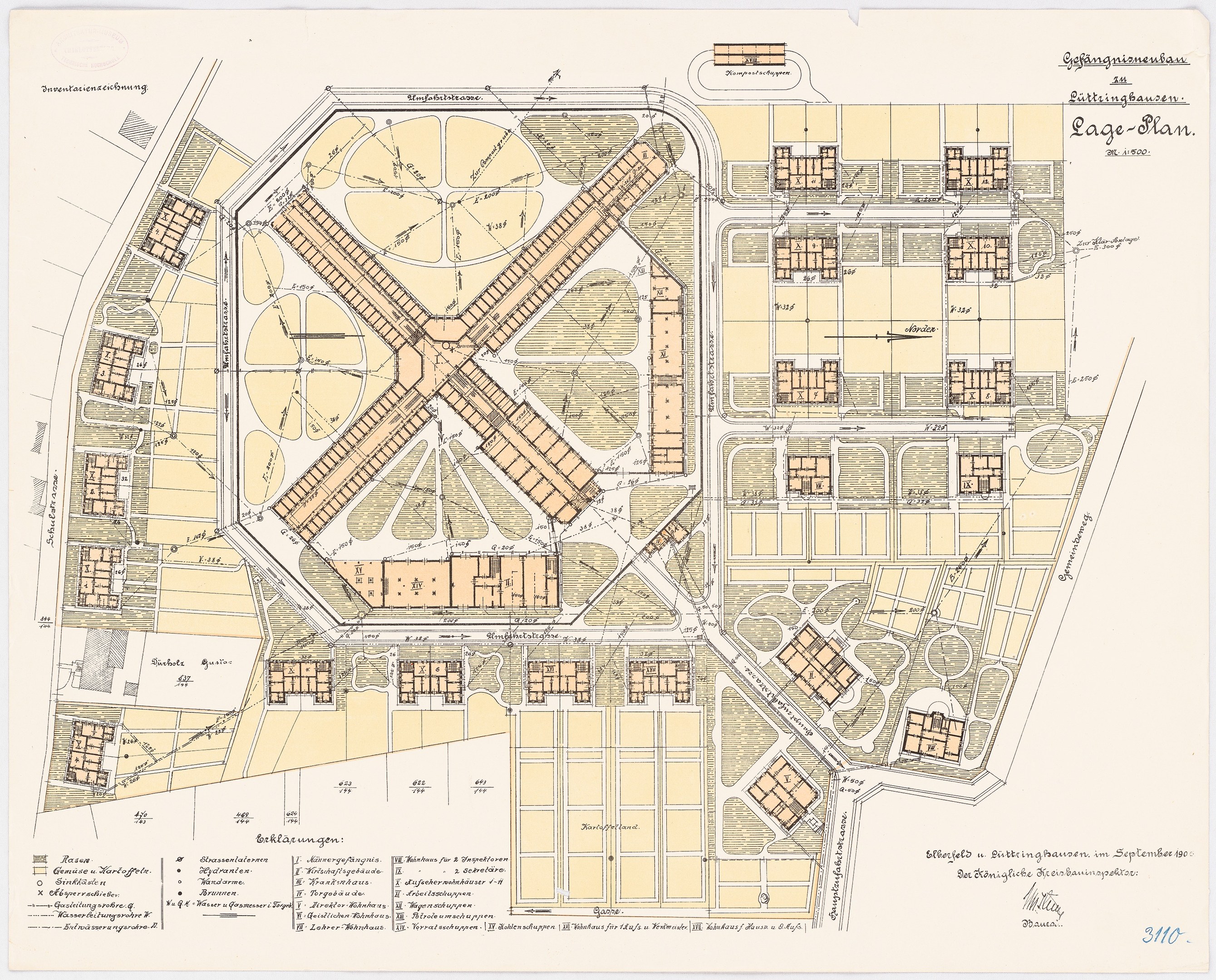 Ein detaillierter Stadtplan von Köln, Deutschland, der den Grundriss eines Gebäudes zeigt, mit handgeschriebener Text auf dem Papier.