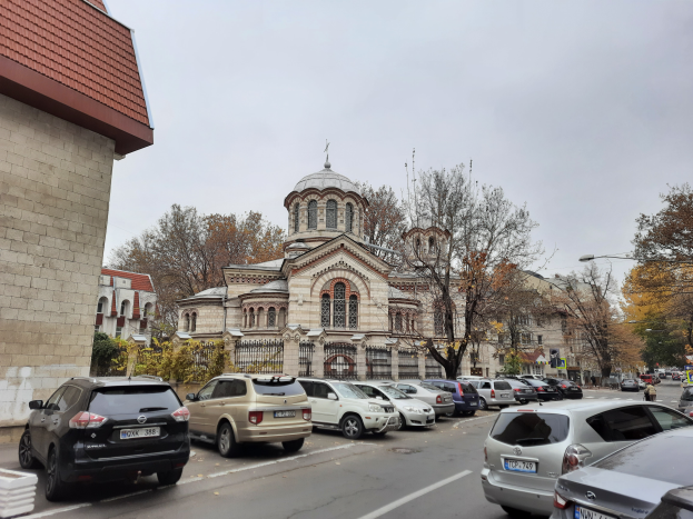 Eine Straße mit parkenden Autos, Gebäuden, Bäumen, Laternen und einem bewölkten Himmel, mit einem Kfz-Kennzeichen im Vordergrund.