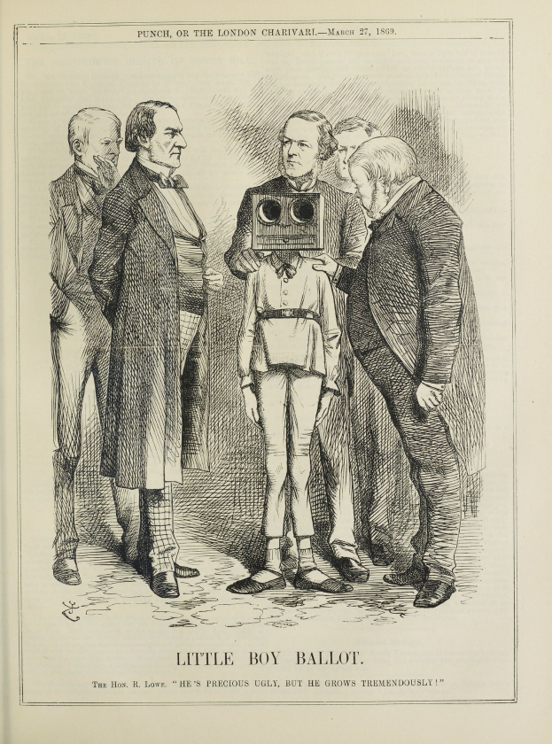 Eine Zeichnung eines kleinen Jungen, der eine Kamera hält, umgeben von einer Gruppe von Menschen, mit der Beschriftung "Little Boy Ballot" unten.