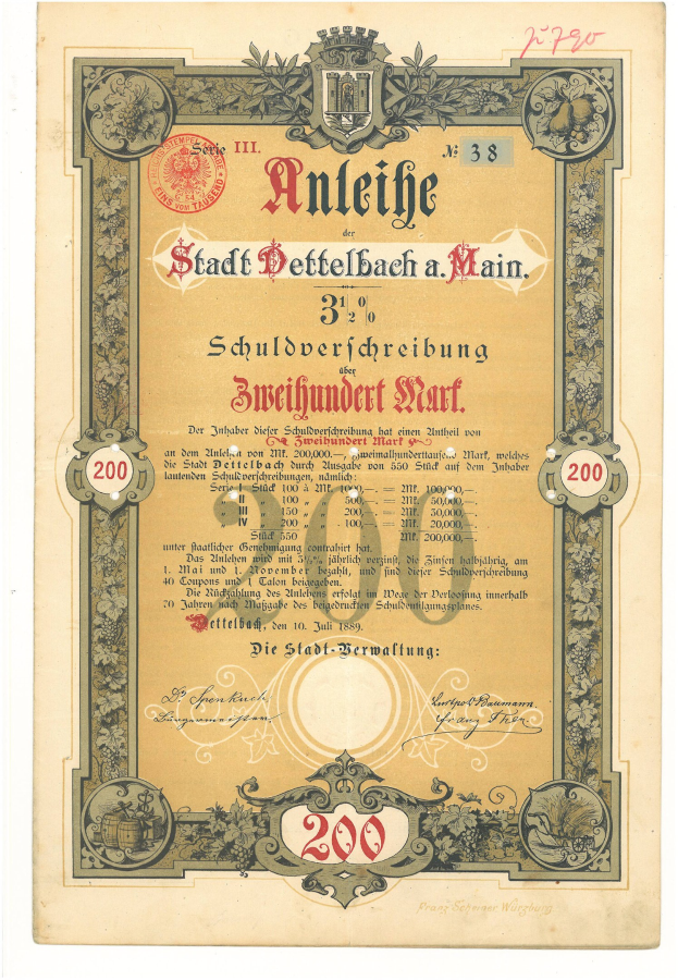 Altes deutsches Aktienzertifikat mit Porträt eines Mannes, mit gedrucktem Text und numerischen Werten, die die Aktien Details angeben.