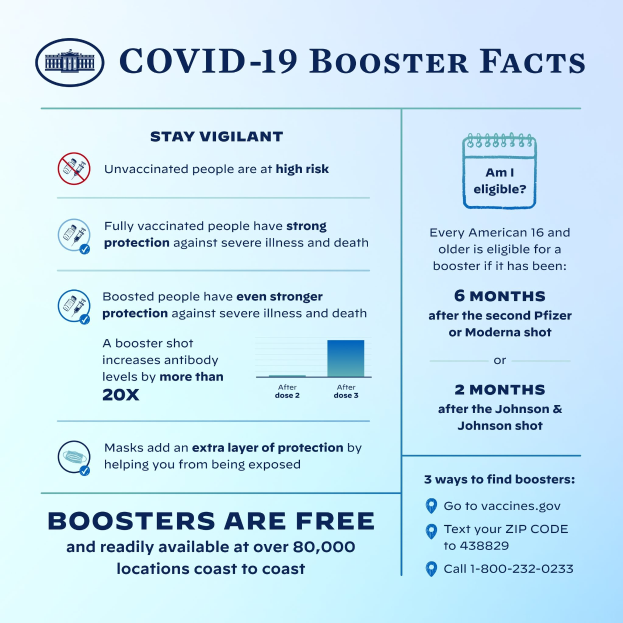 Ein Plakat mit dem Titel "Covid-19-Booster-Fakten" mit Text und Bildern, darunter ein Grafik eines Menschen mit Mund-Nasen-Schutz, das Informationen über Virusstatistiken, Typ und Risiken enthält.
