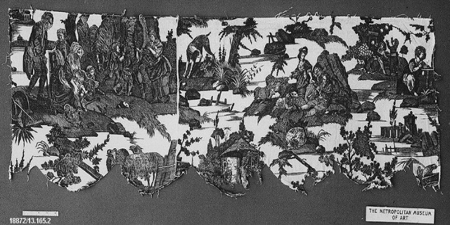 Schwarz-weiß-Zeichnung einer Gruppe von Menschen in einem Wald mit Bäumen und Pflanzen im Hintergrund und einem Text am unteren Rand, der "The Metropolitan Museum of Art" lautet.