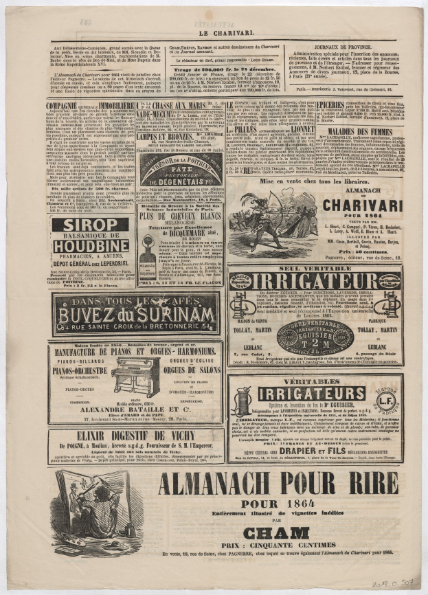 Schwarze Zeitung mit verschiedenen text- und bildbasierten Anzeigen.