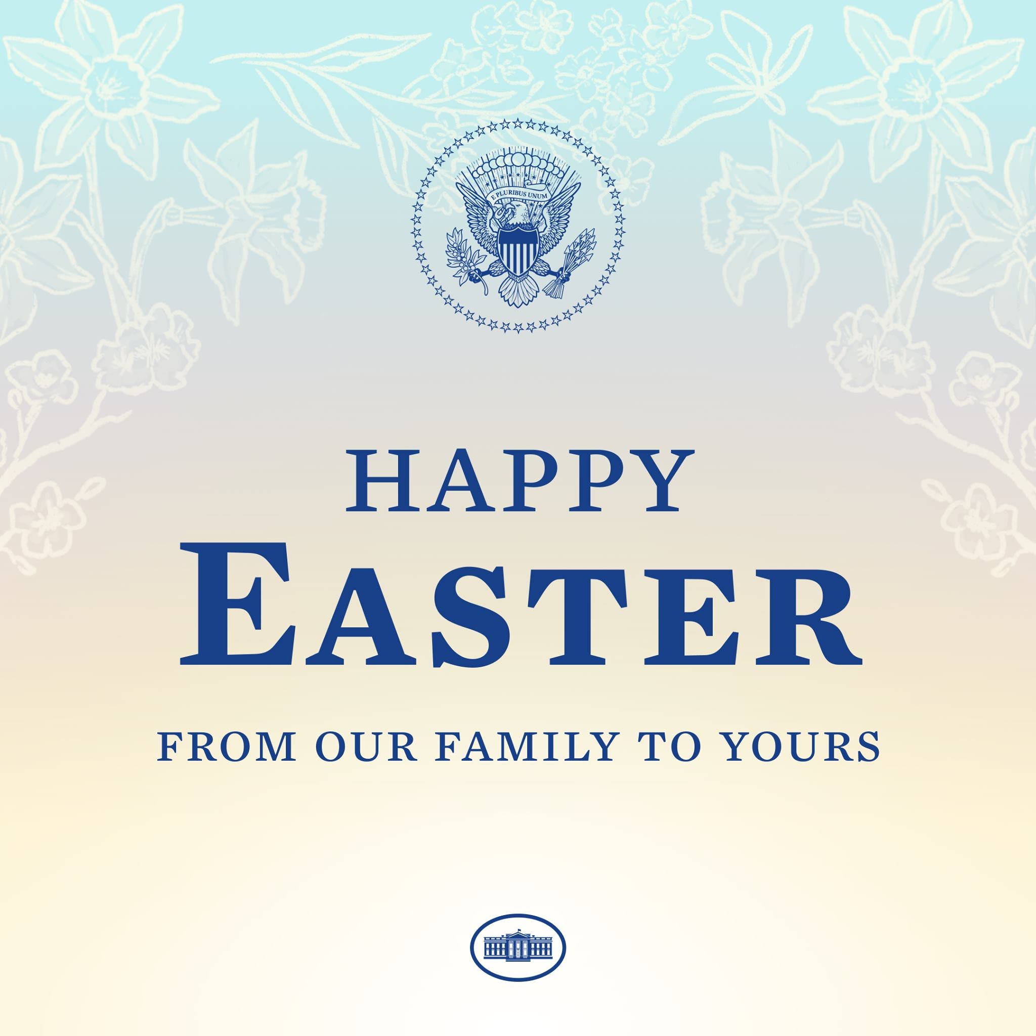 Plakat mit "Frohe Ostern von unserer Familie für die Ihre" in festlicher Schrift, Logo des US-Heimatschutzministeriums und bunten Osterdekorationen einschließlich Eiern und Hasen.