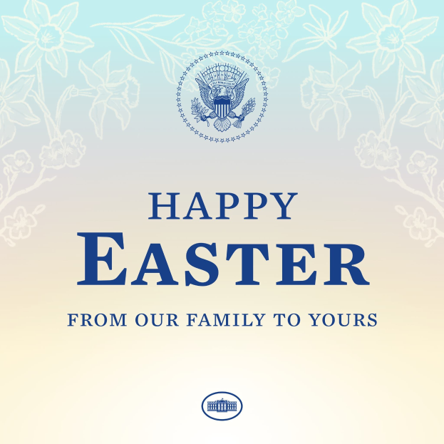 Plakat mit "Frohe Ostern von unserer Familie für die Ihre" in festlicher Schrift, Logo des US-Heimatschutzministeriums und bunten Osterdekorationen einschließlich Eiern und Hasen.