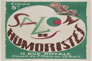 Plakat, das ein Humoristensalon in Paris, Frankreich, ankündigt, mit Text, der seine Angebote beschreibt.