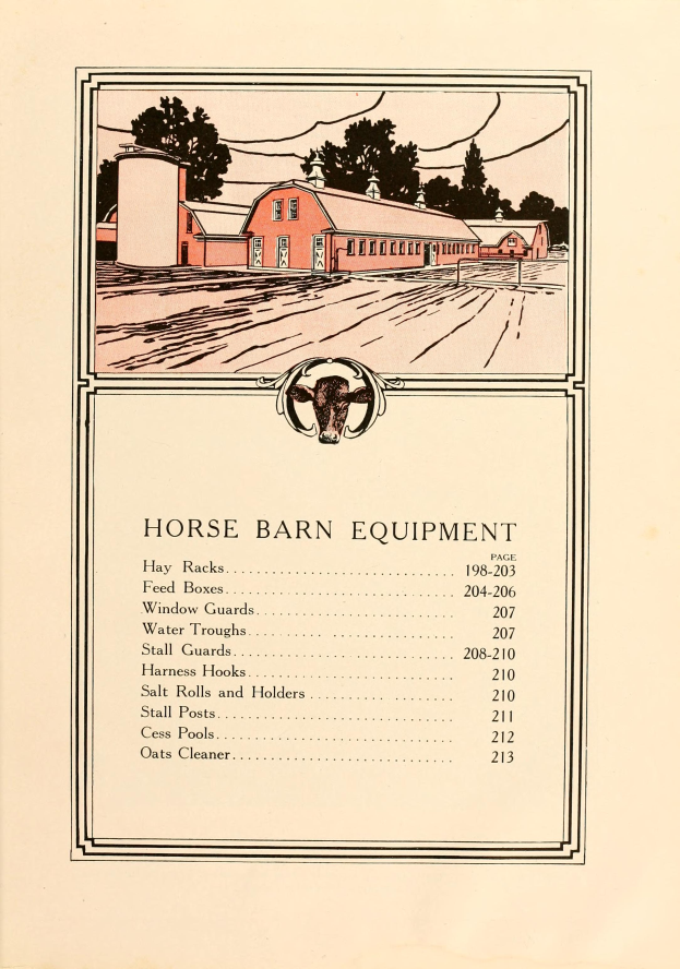 Ein Buch mit einem Coverbild von Pferdestallausrüstung, umgeben von Häusern und Bäumen, mit sichtbarem Text, der die Ausrüstung beschreibt.