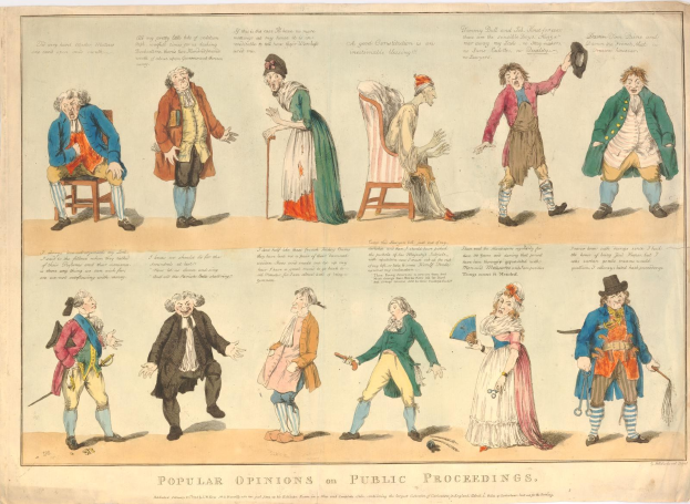 Zeitung mit Abbildungen von Menschen und handgeschriebenem Text, die die öffentliche Meinung auf Prozesse darstellen.